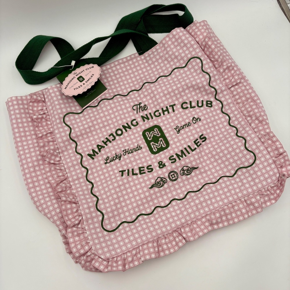 The Mahjong Night Club Pink Gingham Ruffle Tote Bag Lucky Hands Tiles & Smiles
